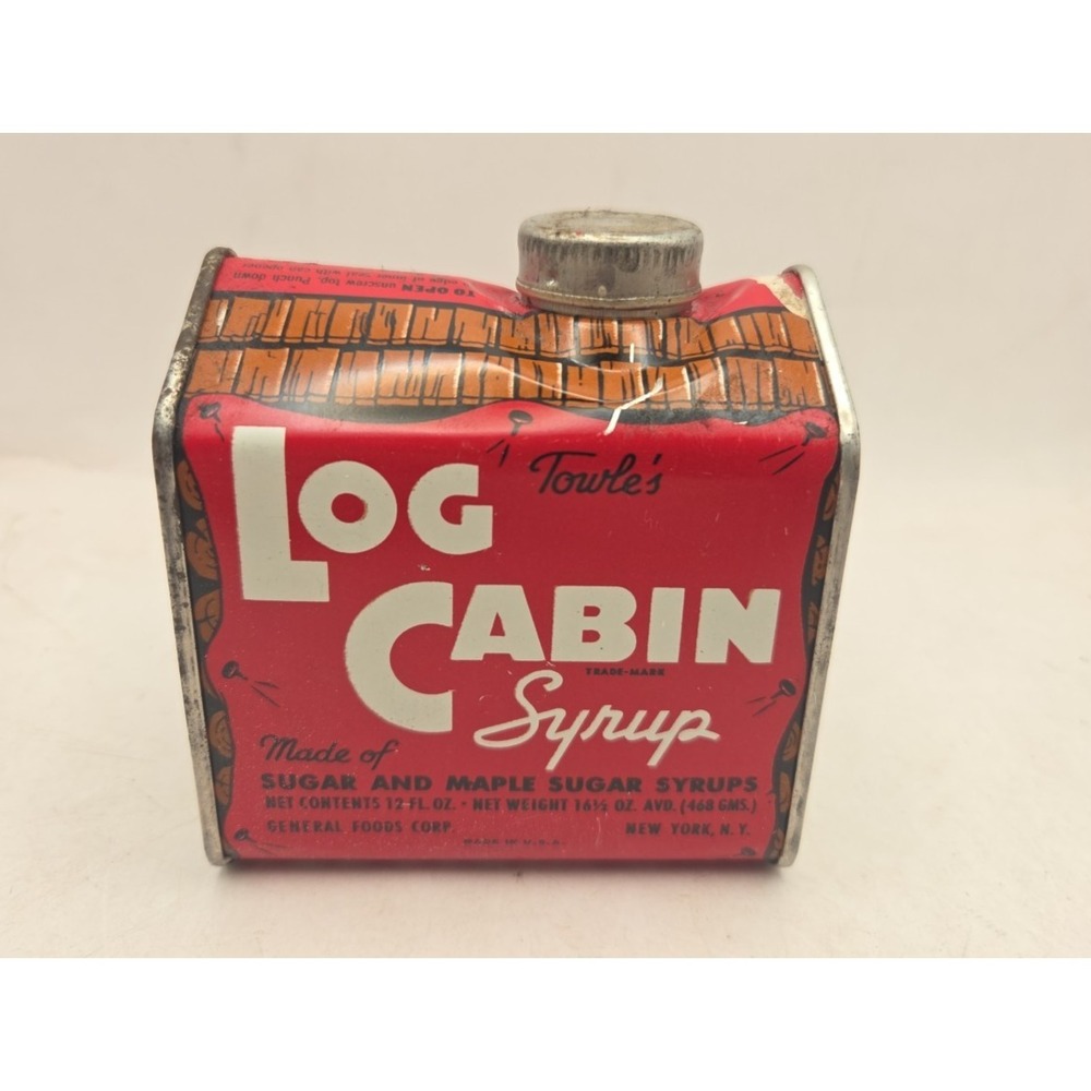 Vintage 1940s Towle's Log Cabin Syrup Tin 12oz - Original Advertising